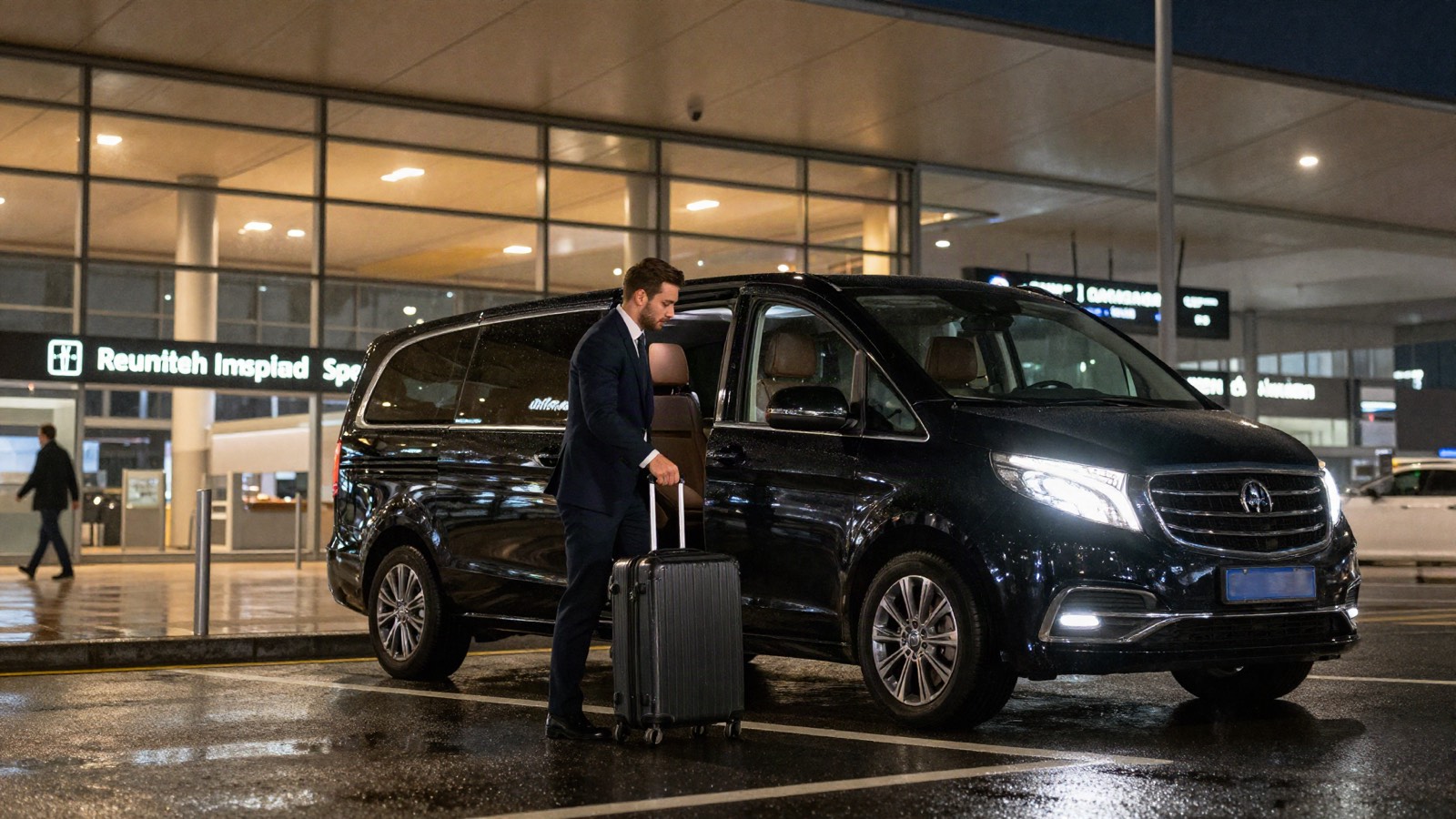 Chauffeur laadt een koffer in een zwart taxibusje voor de vertrekhal van een luchthaven