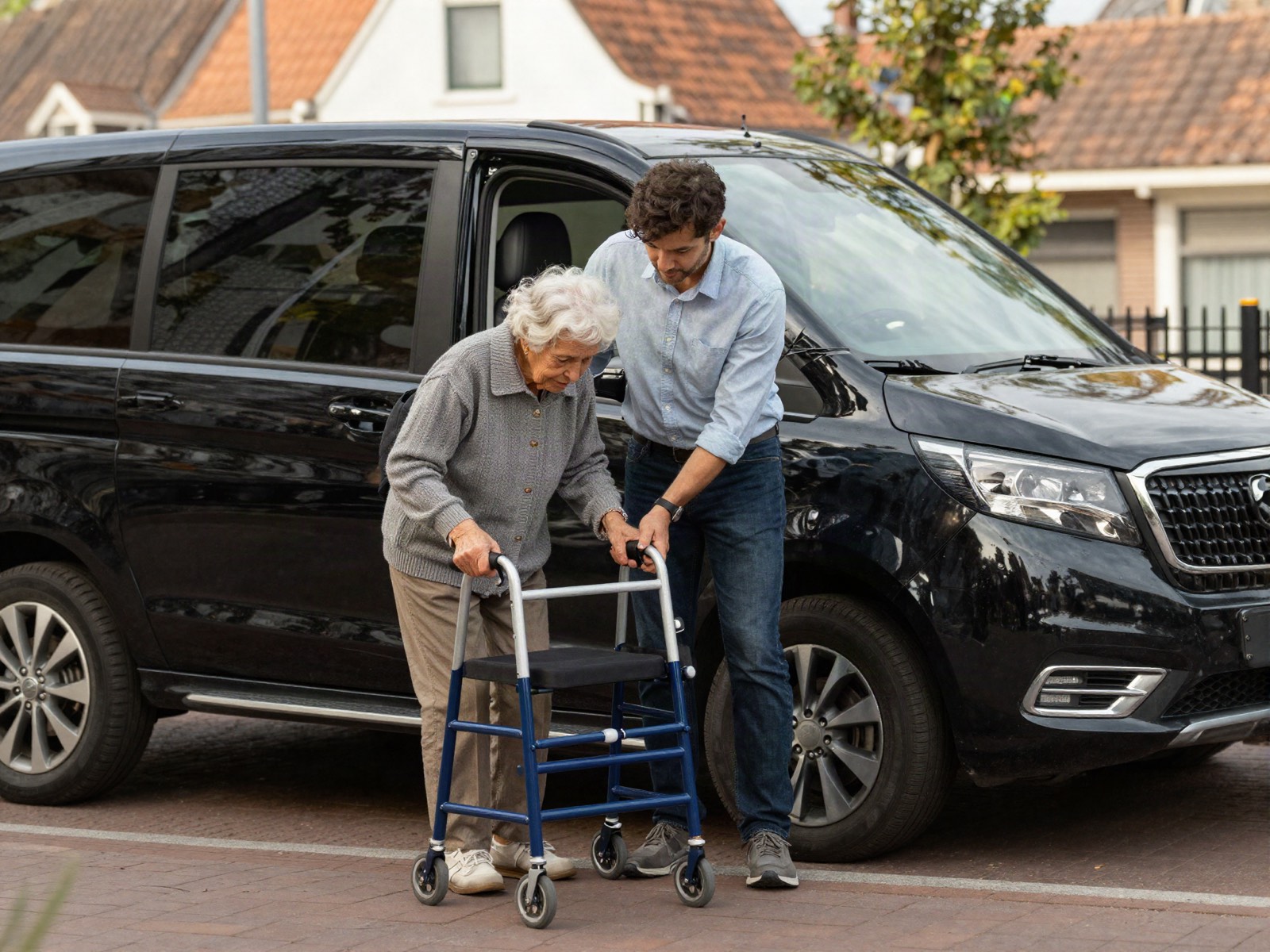 Chauffeur helpt een oudere dame met rollator behoedzaam bij het taxibusje