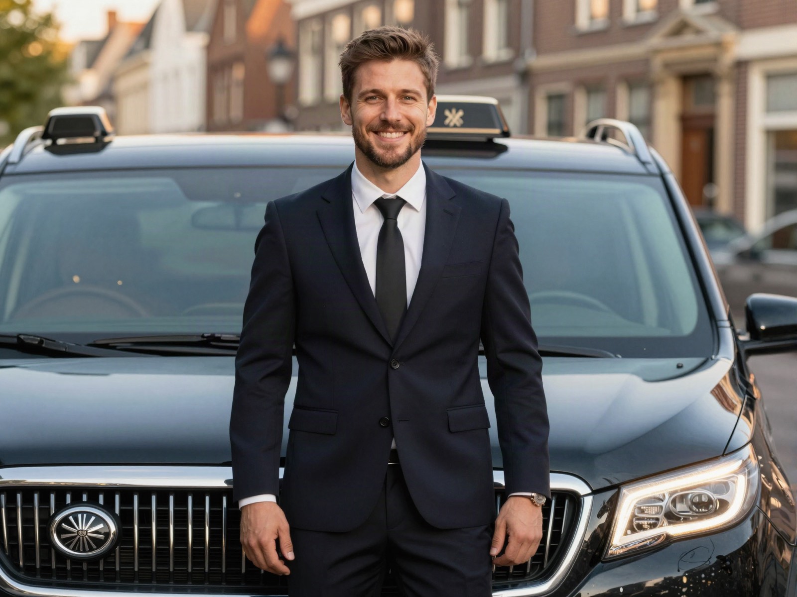 Glimlachende chauffeur in pak voor zijn zwarte Mercedes taxibusje