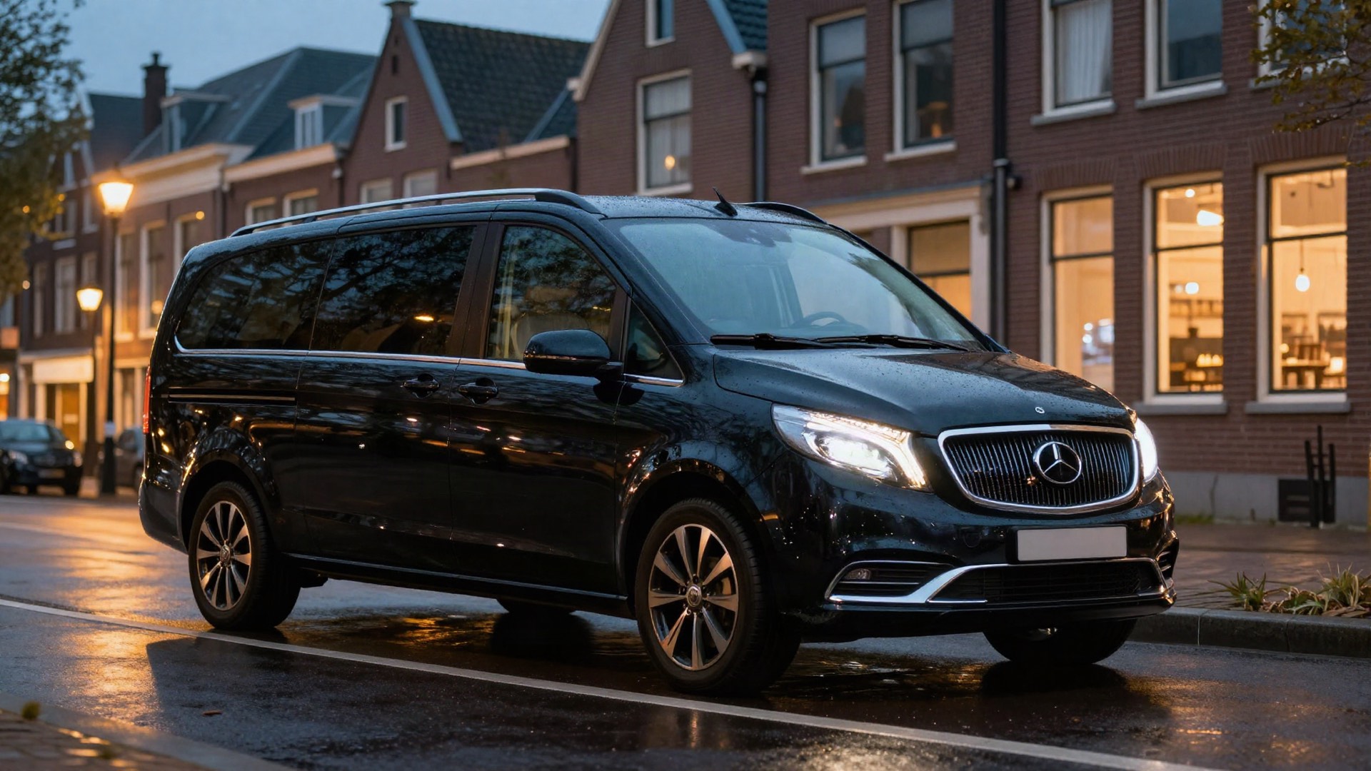 Zwarte Mercedes-Benz V-Klasse taxibus in een sfeervol verlichte Nederlandse straat