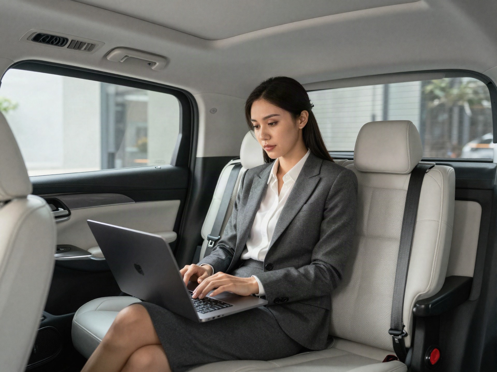 Zakenvrouw werkt op haar laptop achterin een luxe taxi