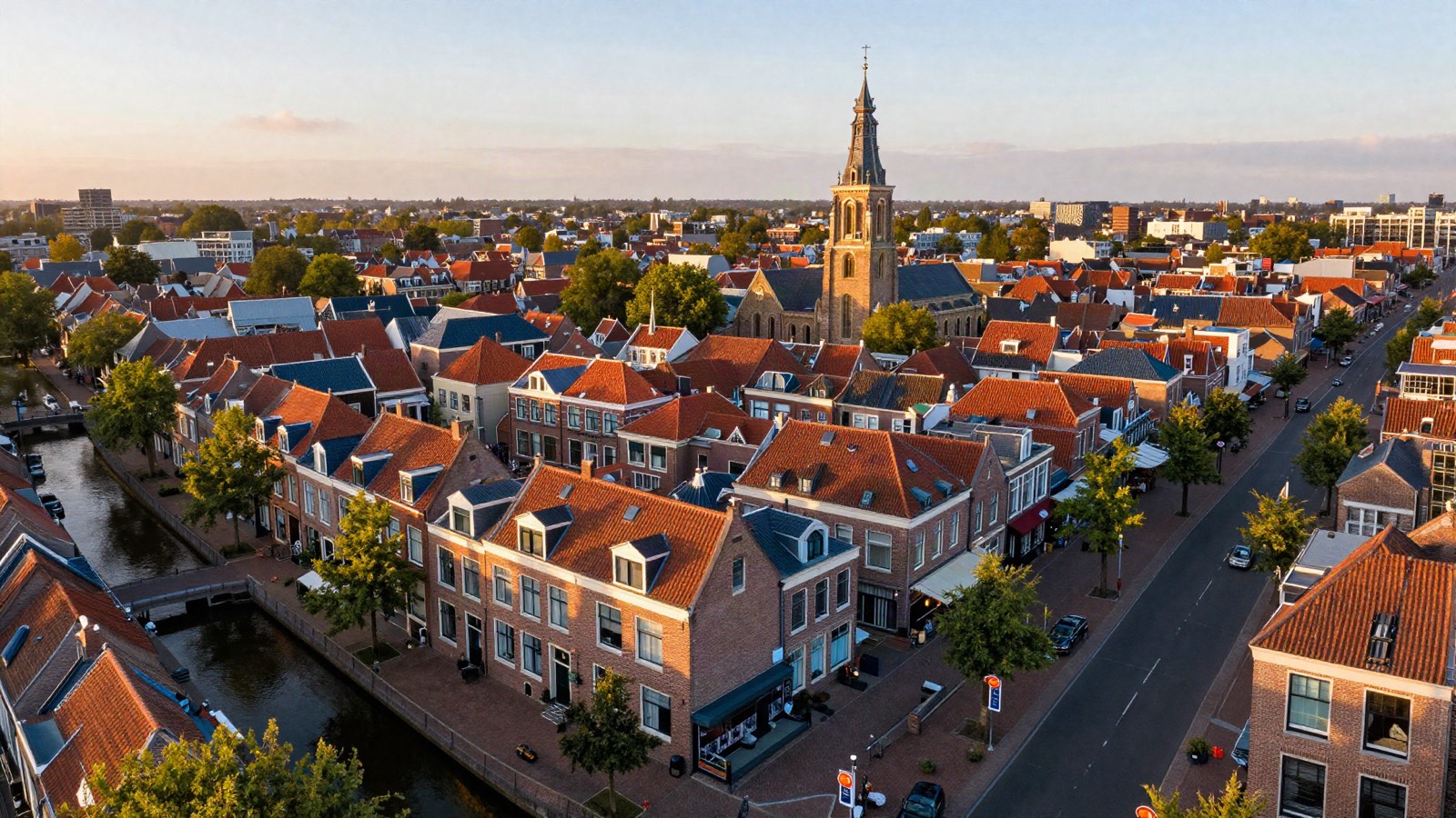 Luchtfoto van het historische centrum van Oosterhout bij zonsondergang