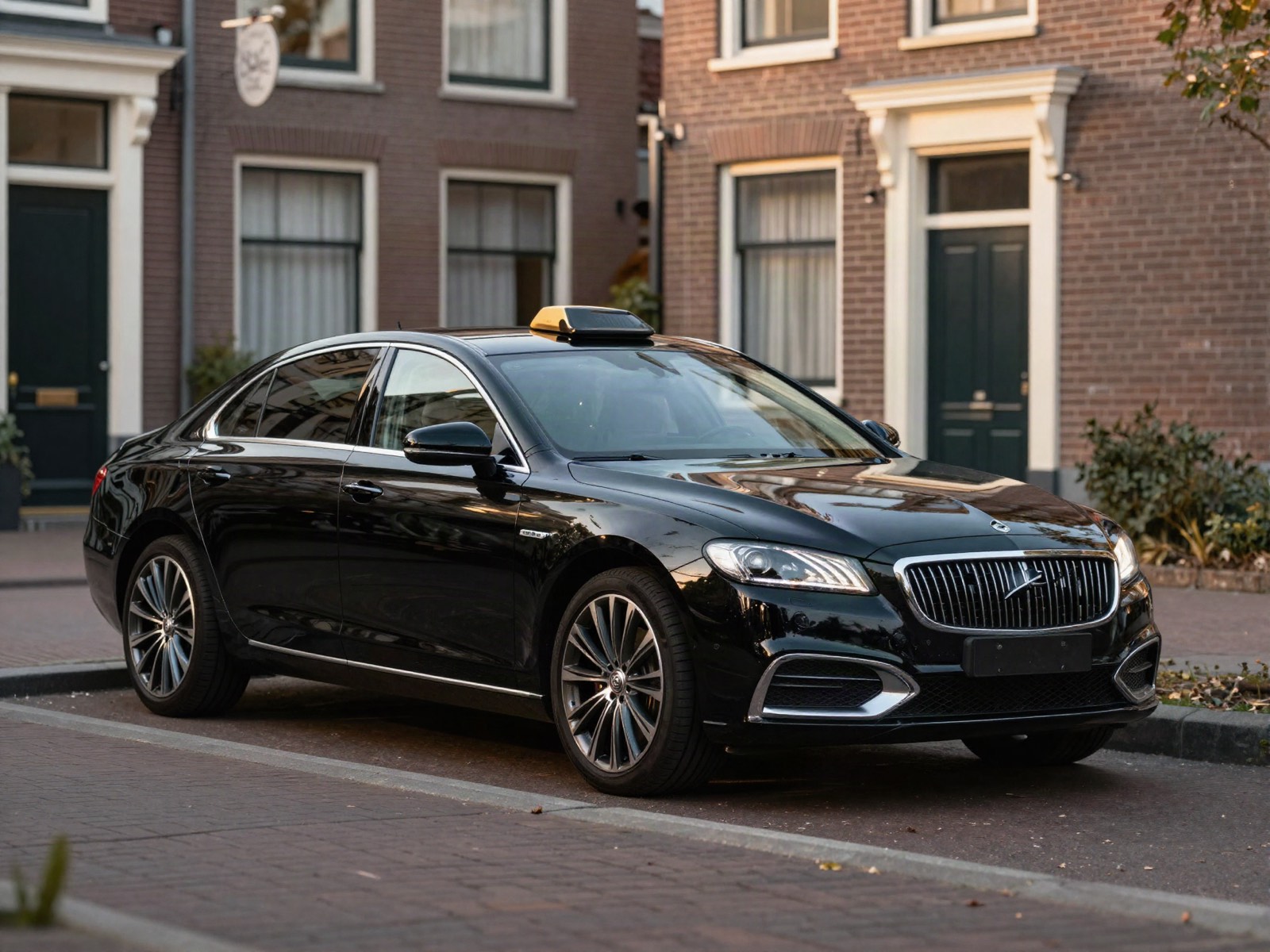 Zwarte personenauto met taxidaklicht geparkeerd in een Nederlandse straat